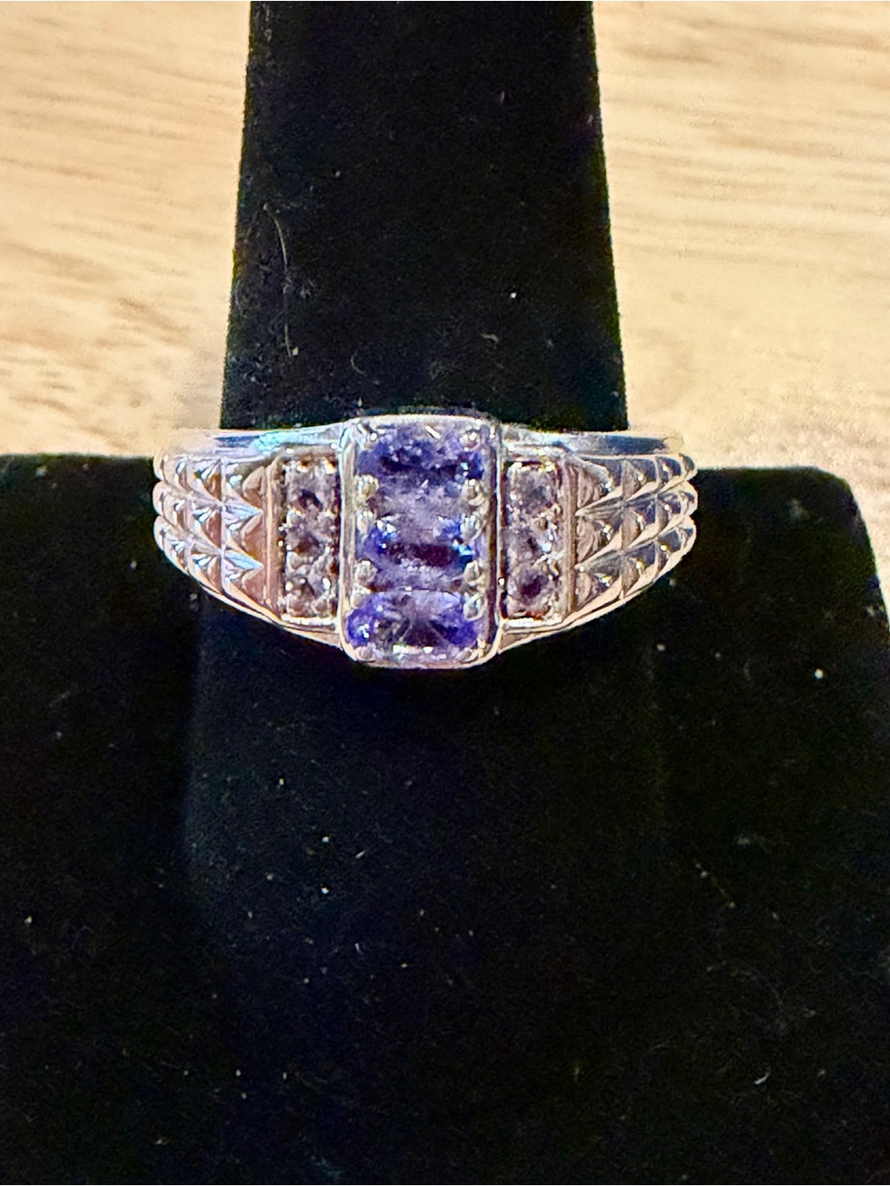 Sterling Silver Tanzanite Gemstone Statement Ring. White Topaz Accents.